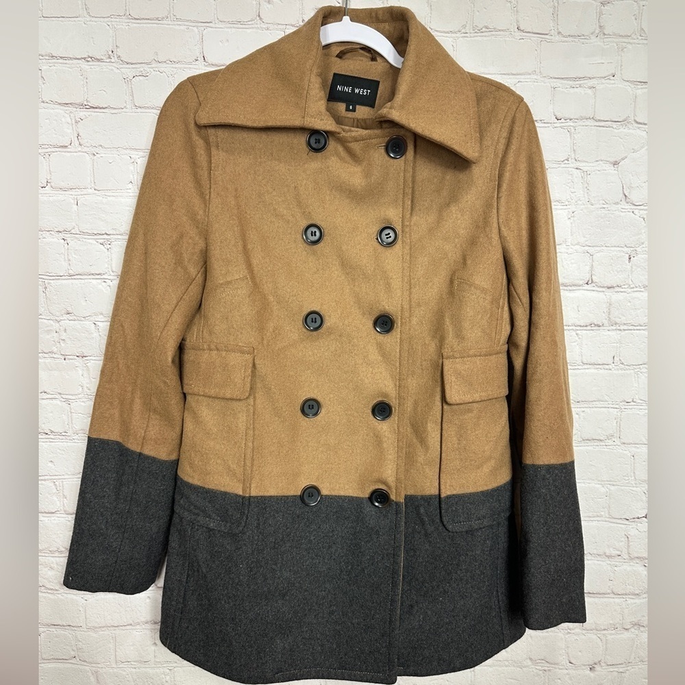 Nine West Colorblock Wool Blend Pea Coat  Heather‎ Brown Gray, sz 6, EUC
